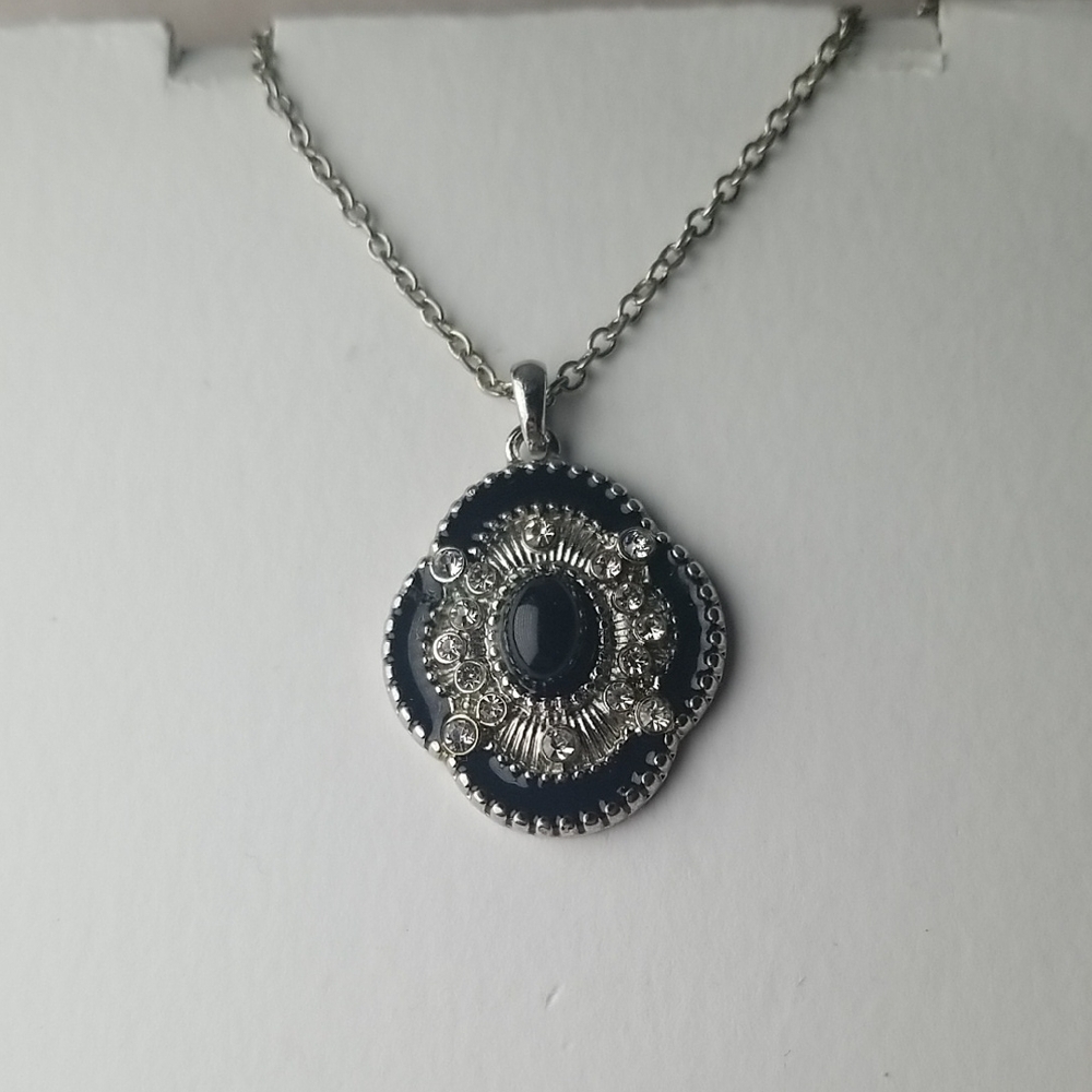 Black Enamel And Rhinestone Pendant